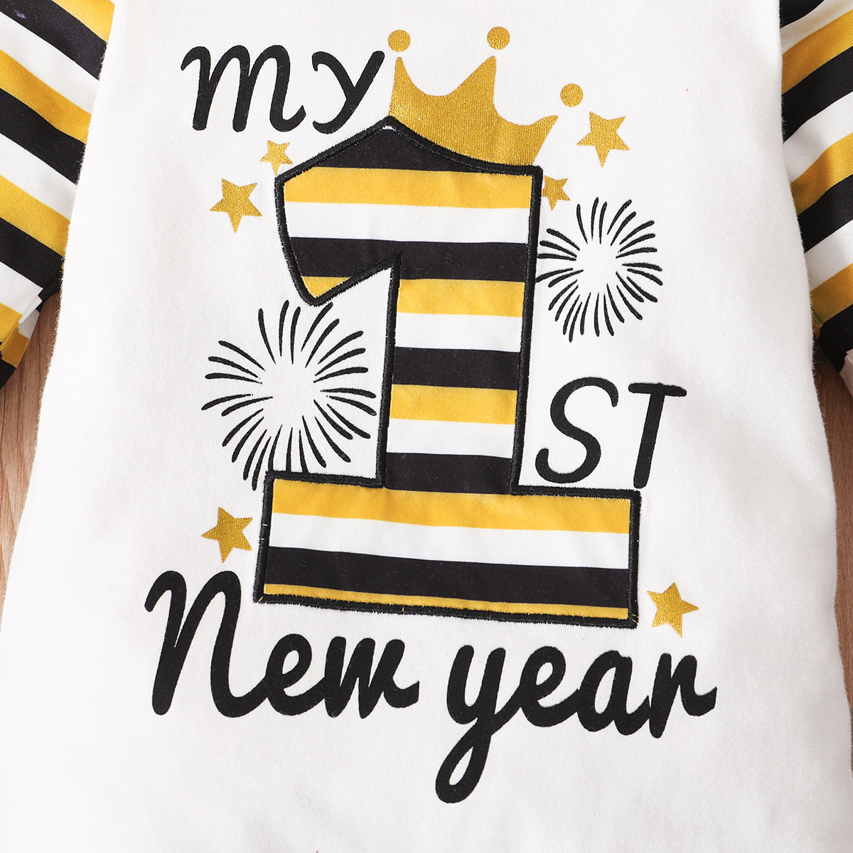 Baby MY 1ST NEW YEAR Striped Sleeve Jumpsuit with Beanie