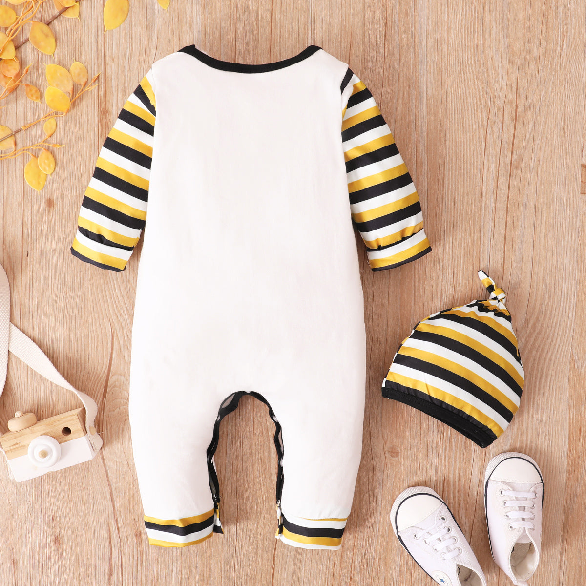Baby MY 1ST NEW YEAR Striped Sleeve Jumpsuit with Beanie