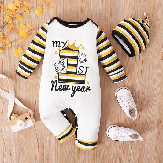 Baby MY 1ST NEW YEAR Striped Sleeve Jumpsuit with Beanie